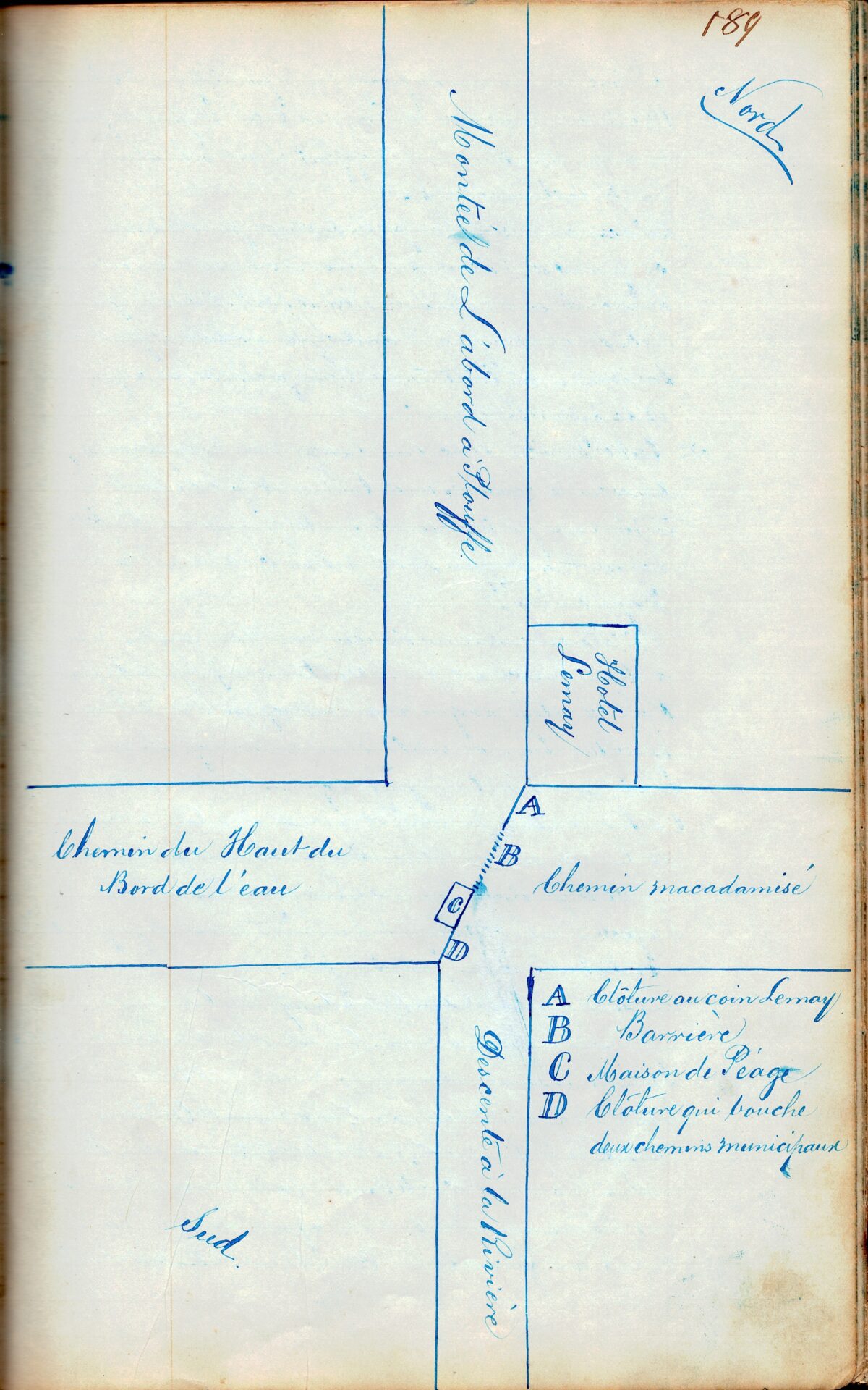 Description: Plan montrant l’intersection des chemins à l’entrée du village de L’Abord-à-Plouffe datant du 9 janvier 1868 tiré d’un registre de procès-verbaux de la municipalité de la paroisse de Saint-Martin. Crédit photo: Fonds de la ville de Renaud (M16)