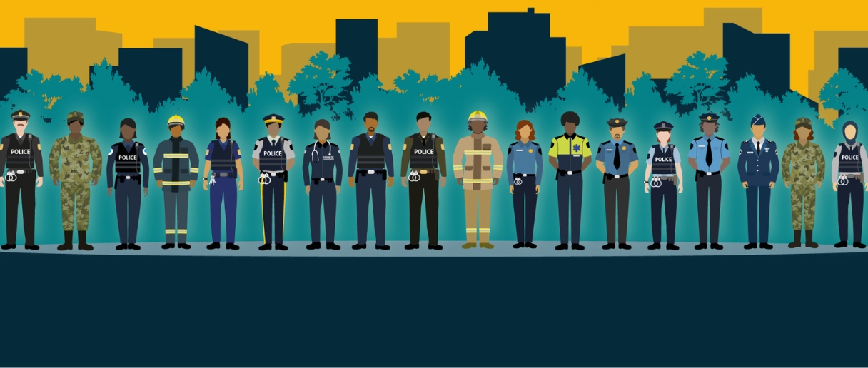 illustration de plusieurs travailleurs de métiers d'urgence se tenant la main