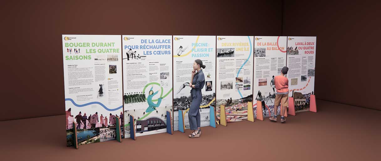 Maquette de l'exposition Sportivement Laval. Exposition itinérante qui célèbre la riche histoire sportive du territoire lavallois.