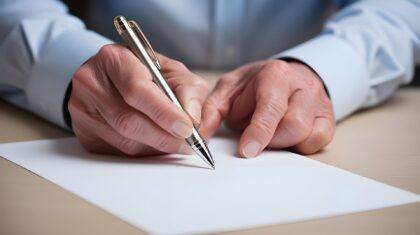 Un homme droitié écrit sur une feuille