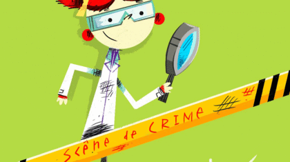 Personnage des Neurones atomiques devant une banderole Scène de crime