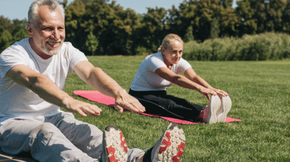 Des personnes de 50 ans et plus qui s'étirent sur un tapis de yoaga dans un parc
